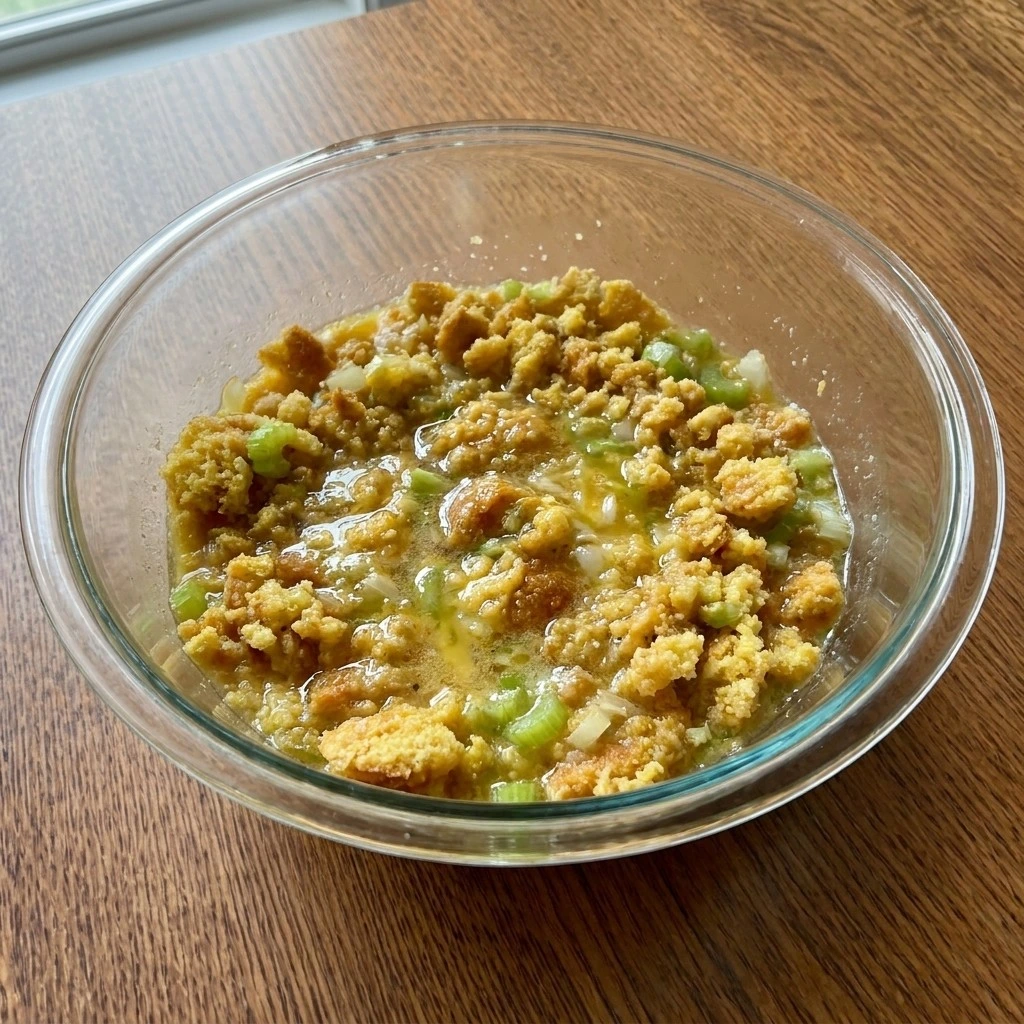 Southern Thanksgiving Soul Food Cornbread Dressing mixed with broth eggs and vegetables Recipe focus: sausage dressing recipes thanksgiving.