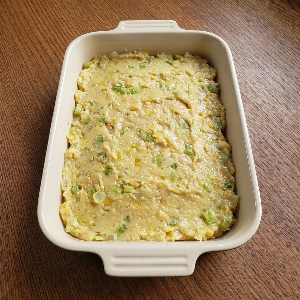 Southern Thanksgiving Soul Food Cornbread Dressing spread in ceramic baking dish before browning Recipe focus: crockpot dressing cornbread.
