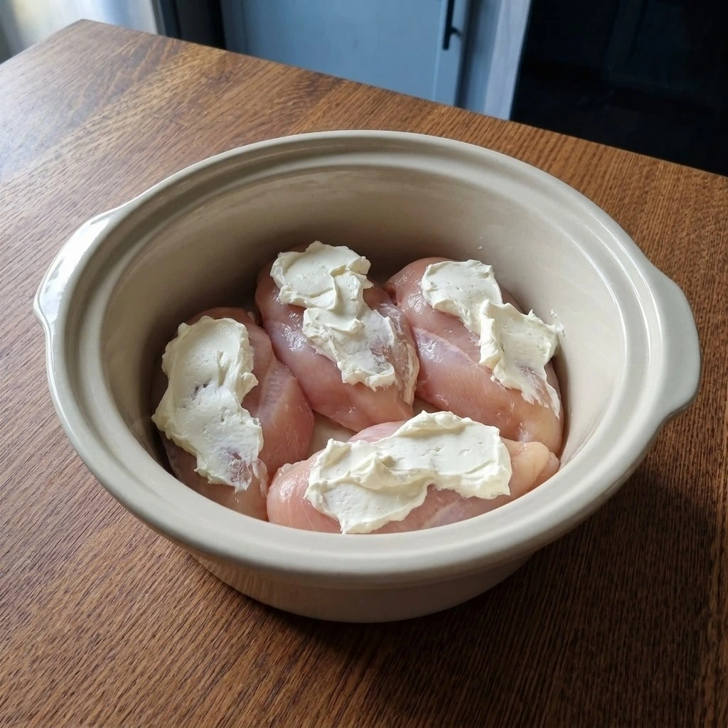 Crockpot Angel Chicken — Season the chicken and build the sauce base Recipe focus: slow cooker meals.