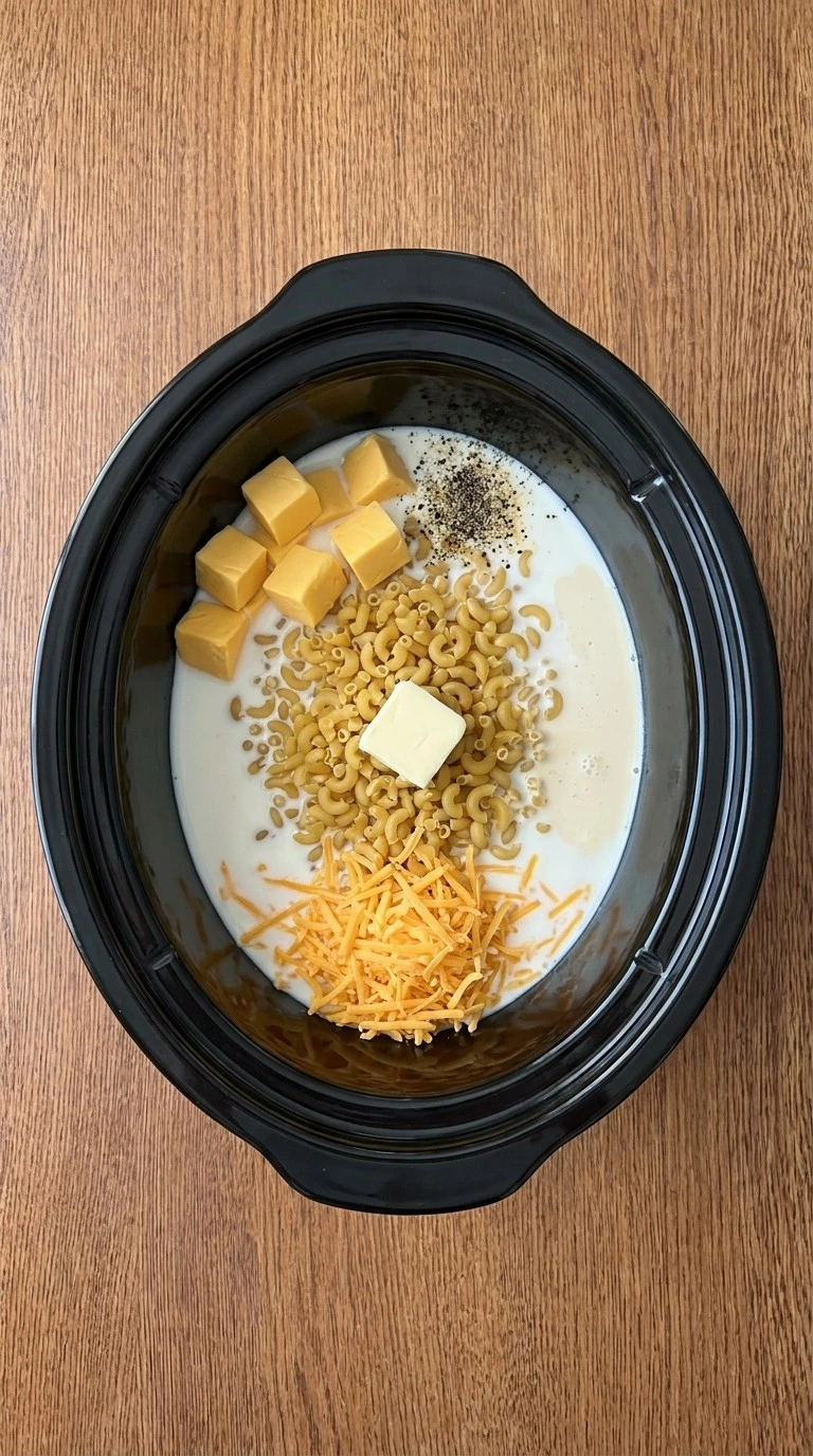 Crockpot Mac and Cheese Velveeta — Combine the macaroni and cheese ingredients Recipe focus: supper ideas.