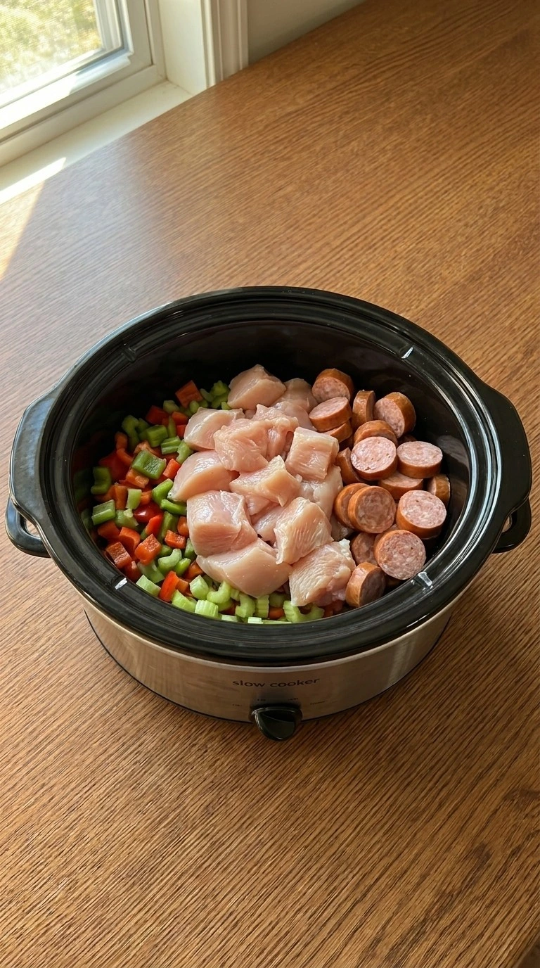 Crockpot Jambalaya — Slice and combine the jambalaya base Recipe focus: sausage crockpot recipes.
