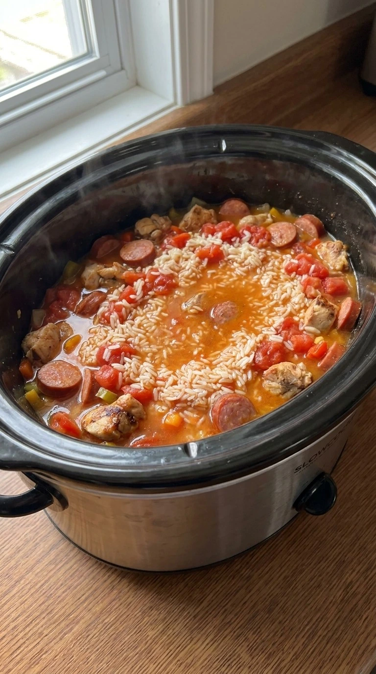 Crockpot Jambalaya — Layer the rice and seasoned mixture Recipe focus: winter crockpot recipes.