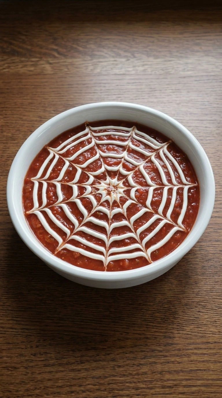 Create the spiderweb topping Recipe focus: halloween appetizers dip.