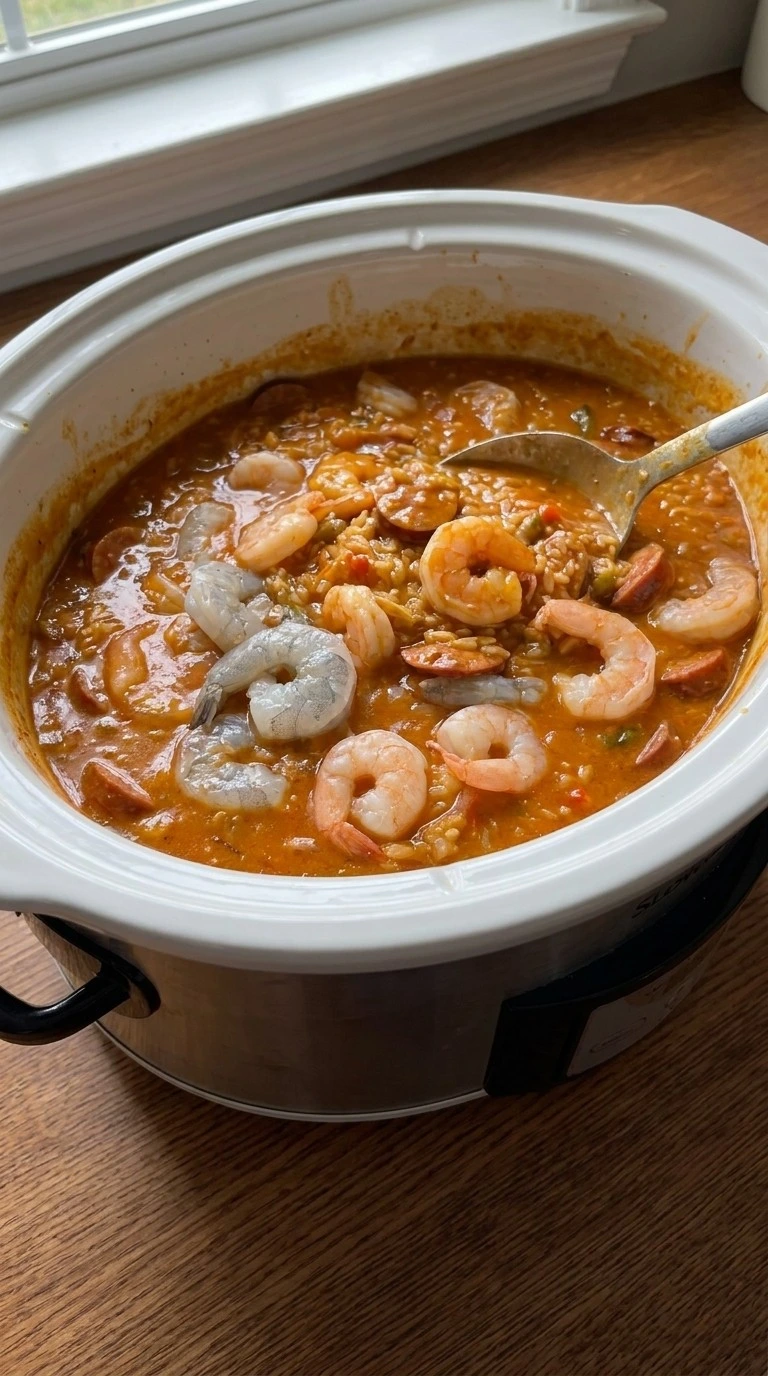 Crockpot Jambalaya — Add shrimp and finish the slow cook Recipe focus: comfort crockpot meals.
