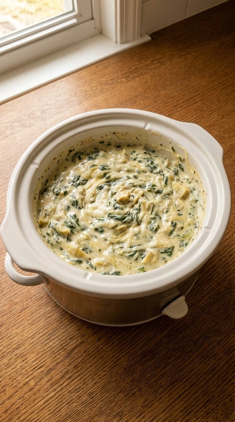 Crockpot Spinach Artichoke Dip — Melt and thicken the spinach artichoke mixture Recipe focus: crockpot french dip.