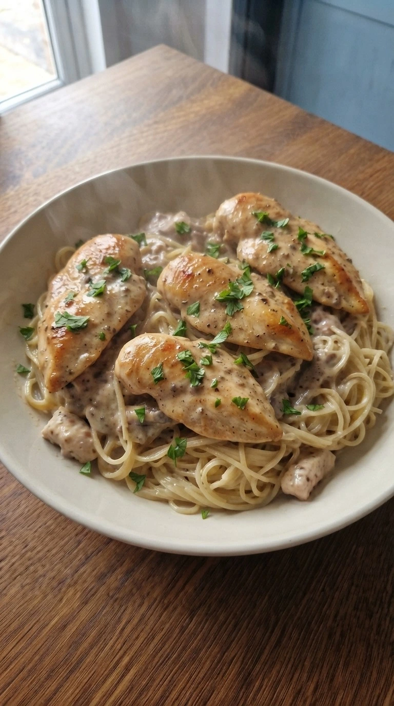 Plate the finished creamy chicken dinner Recipe focus: crockpot angel chicken.