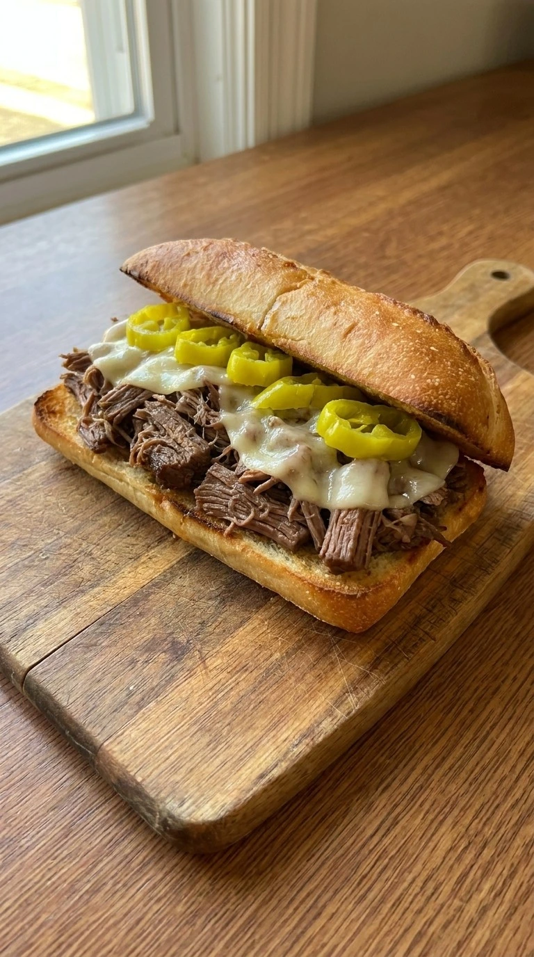 Build the sandwiches with cheese and pepperoncini Recipe focus: crockpot italian beef sandwiches.