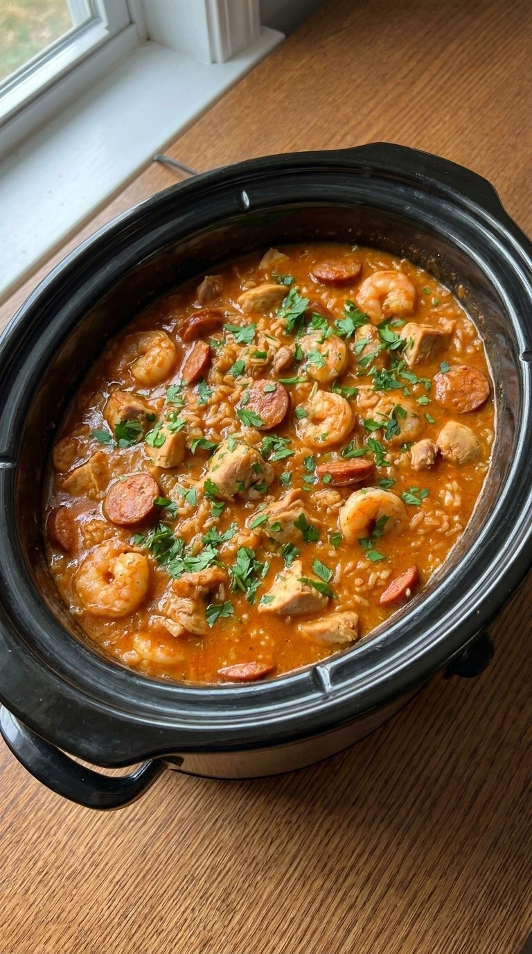 Rest and garnish the jambalaya Recipe focus: crockpot jambalaya.