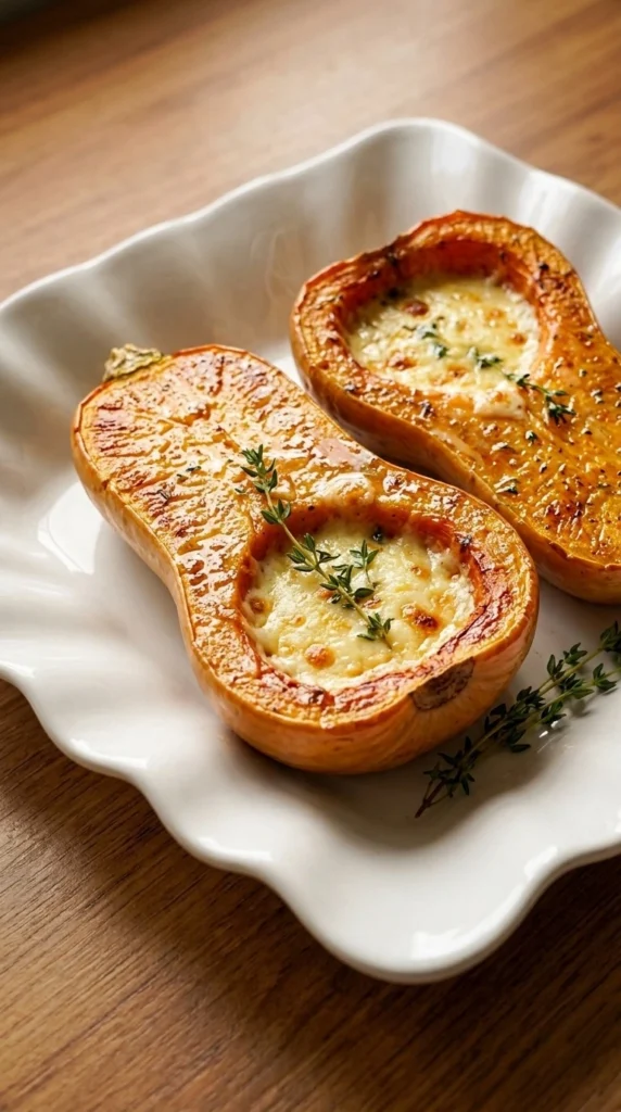 Thanksgiving Butternut Squash roasted halves with creamy filling and golden edges Recipe focus: thanksgiving butternut squash recipes.