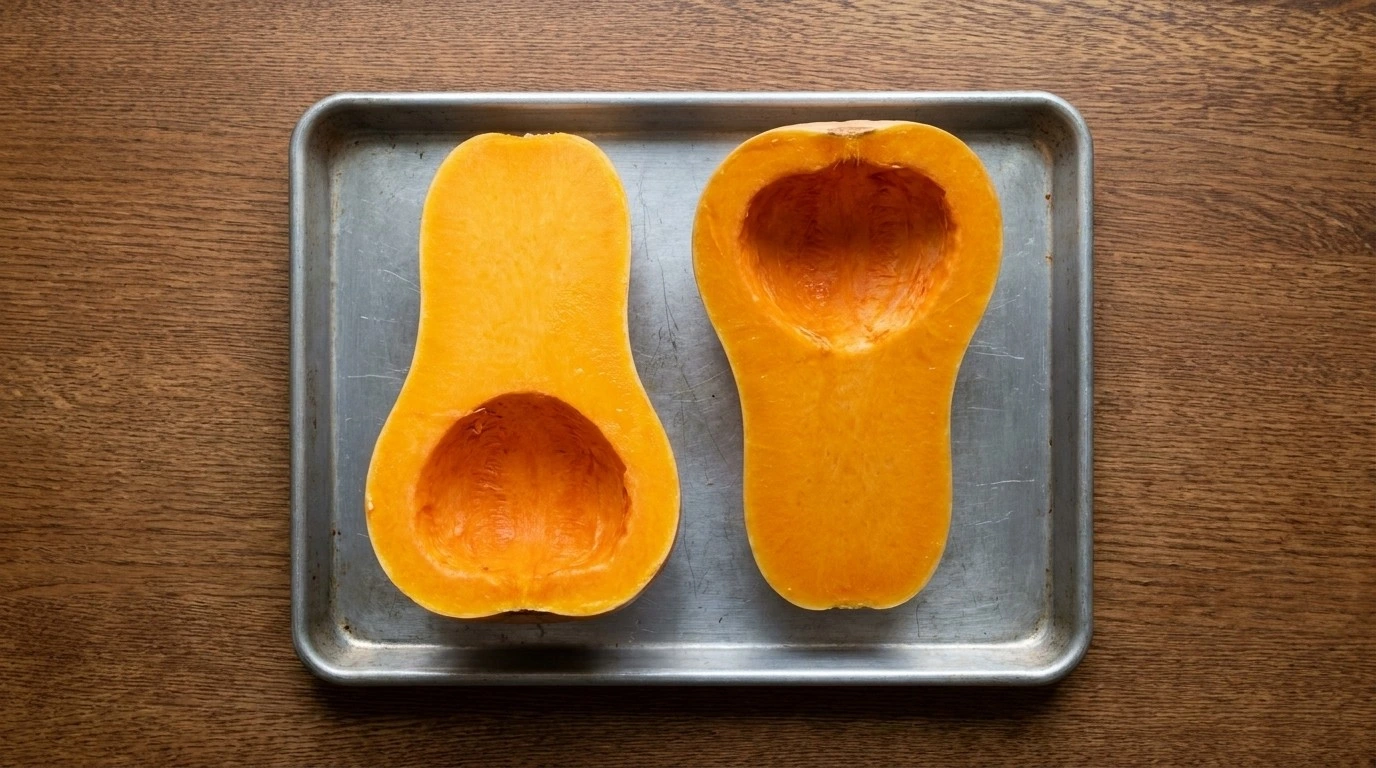 Thanksgiving Butternut Squash halves prepared before roasting Recipe focus: butternut squash recipes thanksgiving.