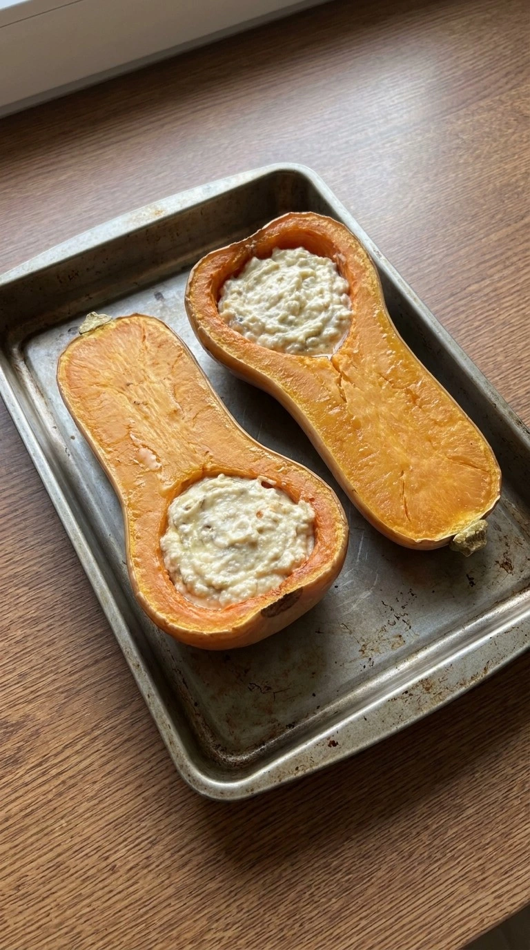 Thanksgiving Butternut Squash filled halves baking with creamy center Recipe focus: butternut squash thanksgiving recipes.
