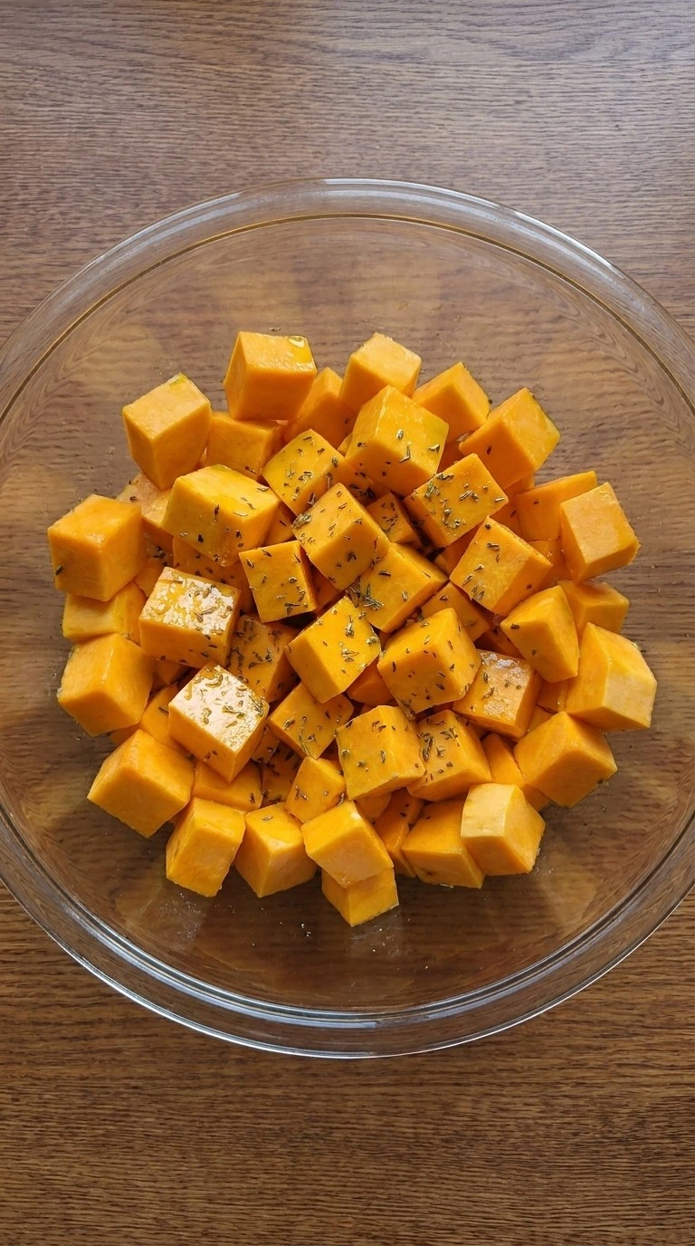 Thanksgiving Side Dishes Healthy Butternut Squash cubes being seasoned before roasting Recipe focus: thanksgiving recipes side dishes healthy butternut squash.