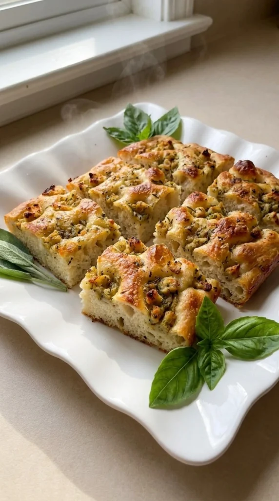 Thanksgiving Stuffing Focaccia Food Network golden focaccia with stuffing herbs and browned topping
