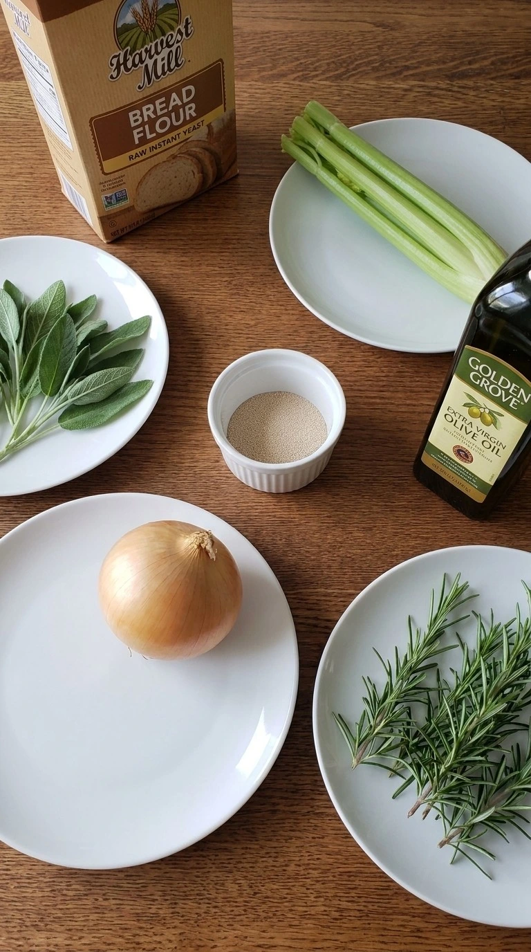 Thanksgiving Stuffing Focaccia Food Network ingredients including flour herbs and stuffing flavors