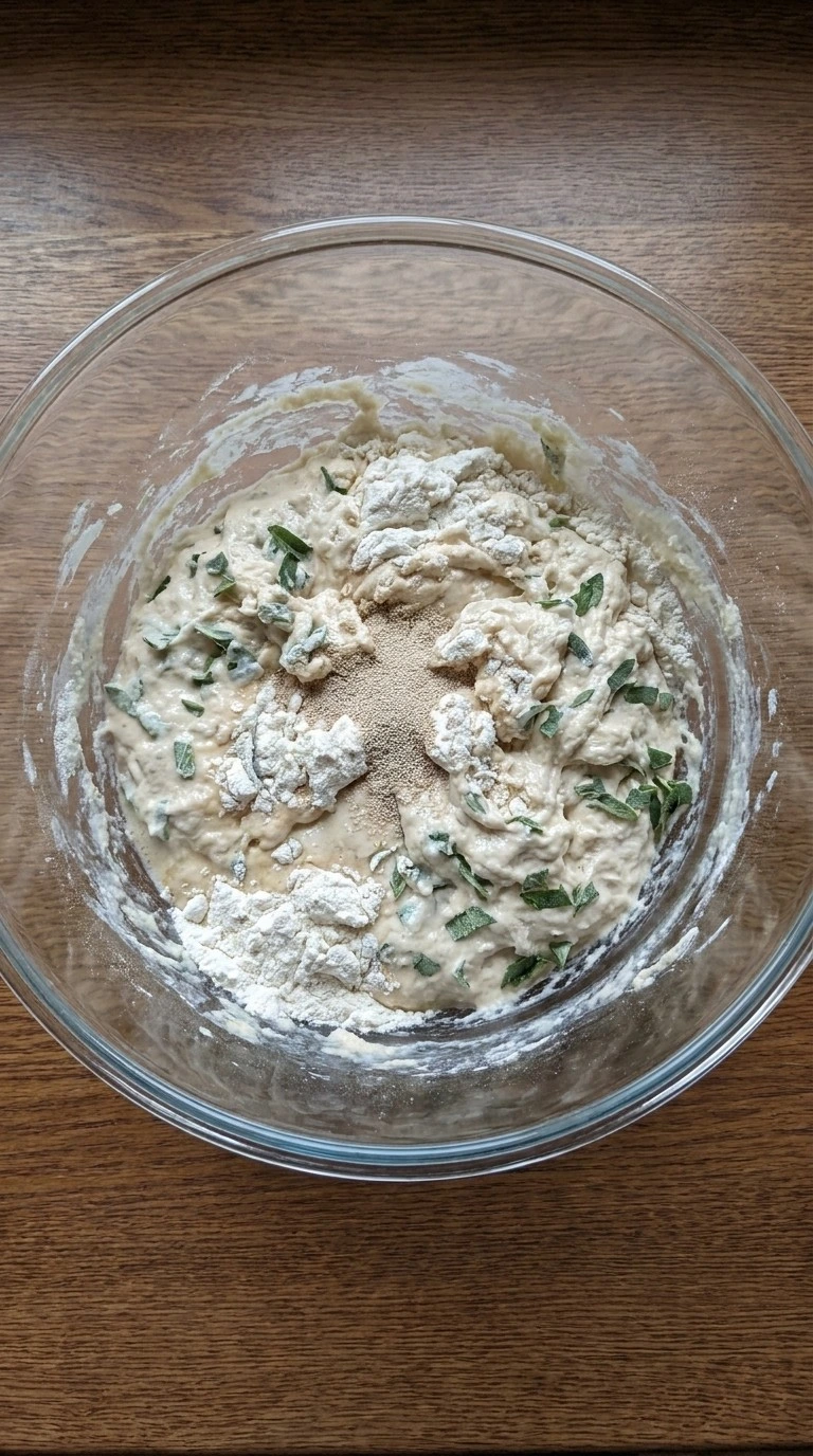 Thanksgiving Stuffing Focaccia Food Network dough mixing with herbs and flour
