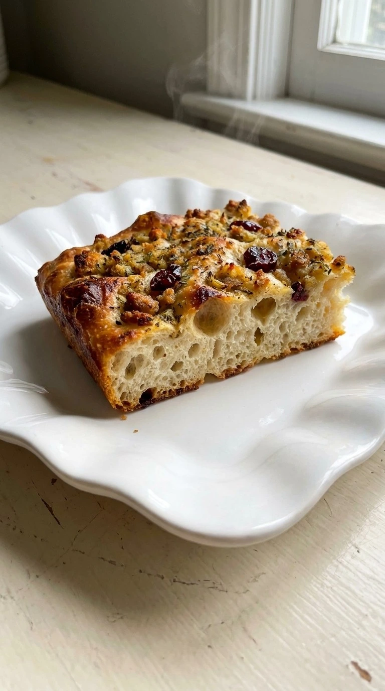 Thanksgiving Stuffing Focaccia Food Network sliced portion showing airy bread texture