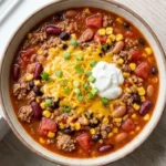 7 Can Taco Soup in a bowl with beans corn beef and taco toppings Recipe focus: taco soup recipe easy.