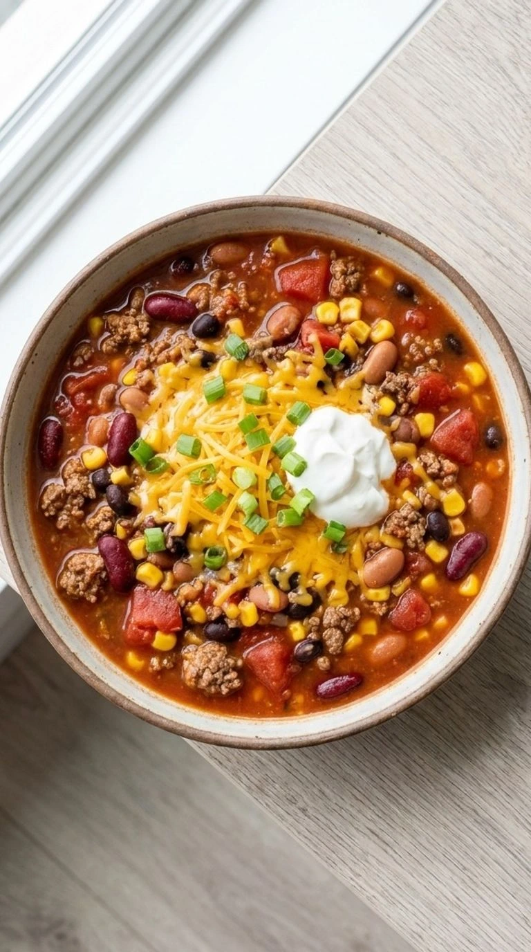 7 Can Taco Soup in a bowl with beans corn beef and taco toppings Recipe focus: taco soup recipe easy.
