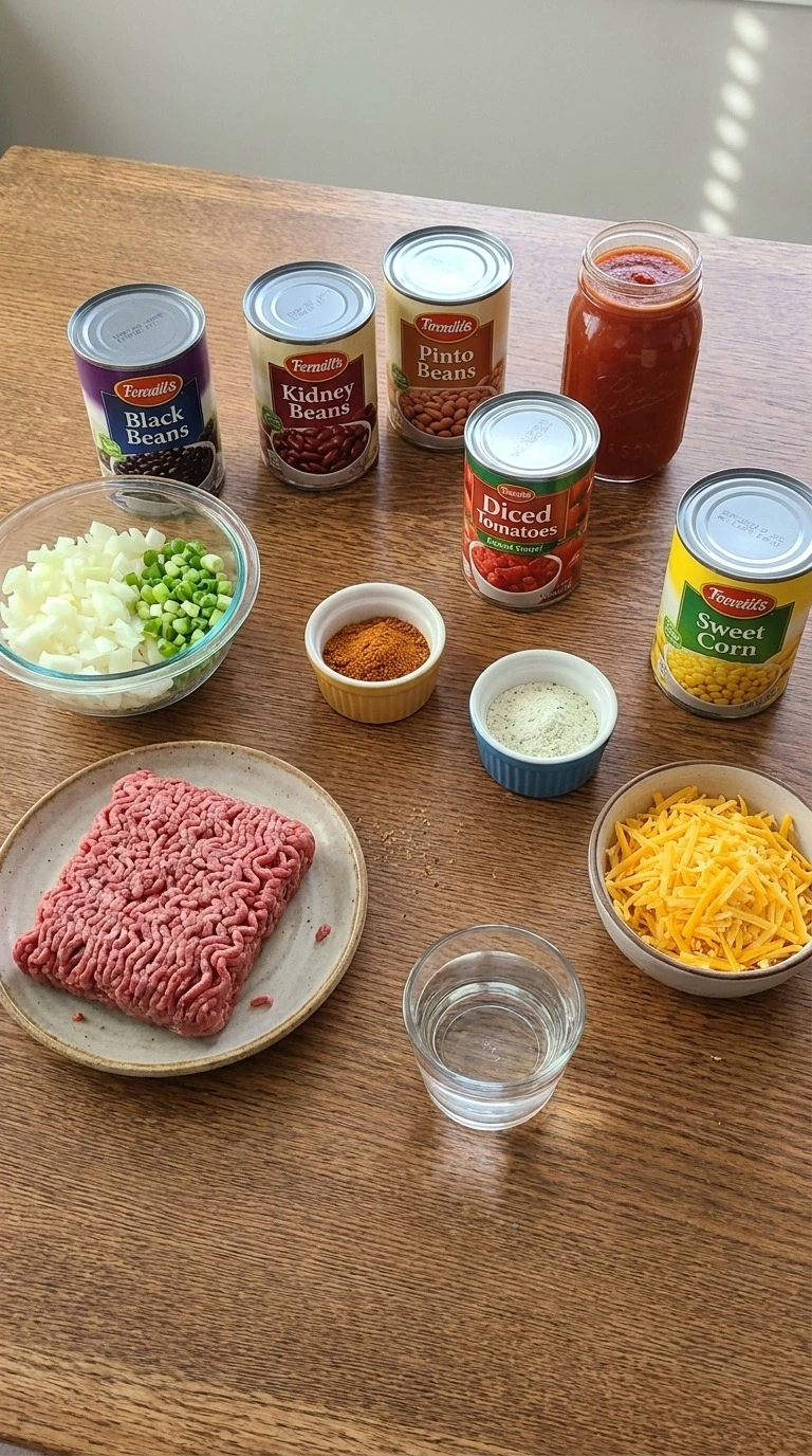 7 Can Taco Soup ingredients with canned beans tomatoes corn and spices Recipe focus: 7 can taco soup recipe easy.