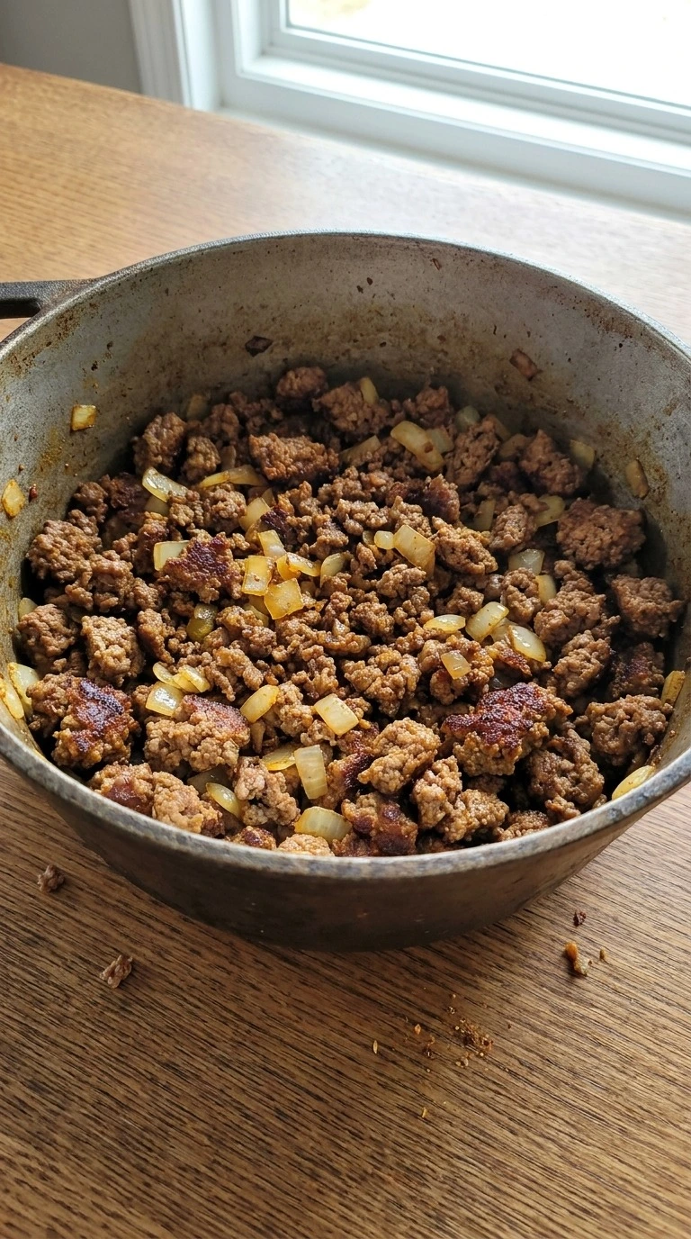7 Can Taco Soup browning ground beef with taco seasoning in a pot Recipe focus: taco soup recipe easy.