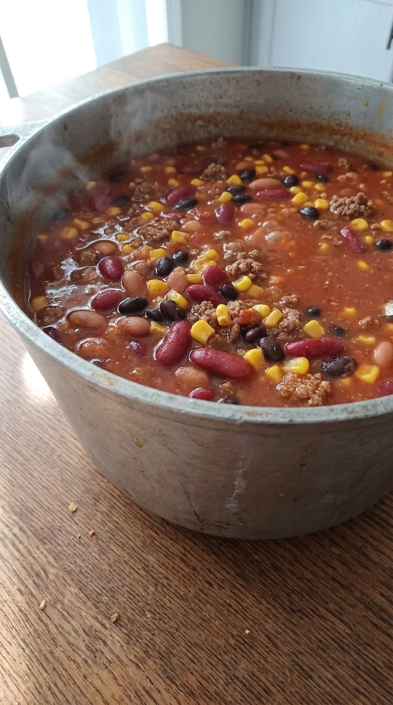 7 Can Taco Soup simmering with thick broth beans and corn Recipe focus: 7 can taco soup recipe easy.