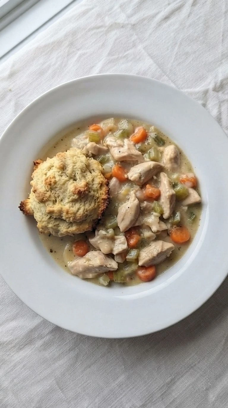 Chicken and Dumplings with Biscuits in a white bowl with golden biscuit pieces Recipe focus: chicken and dumplings recipe.