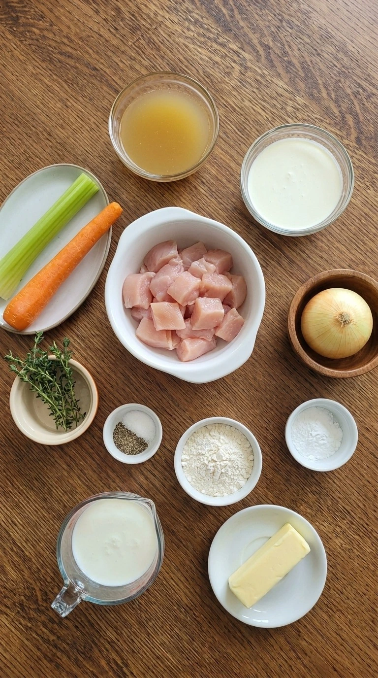 Chicken and Dumplings with Biscuits ingredients with vegetables and baking items arranged Recipe focus: easy chicken and dumplings.