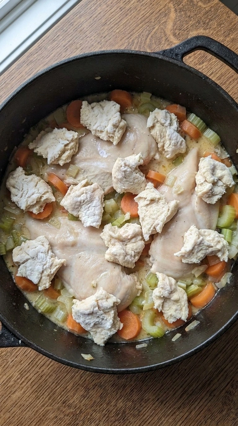 Chicken and Dumplings with Biscuits biscuit dough placed over creamy chicken filling Recipe focus: chicken and dumplings recipe.