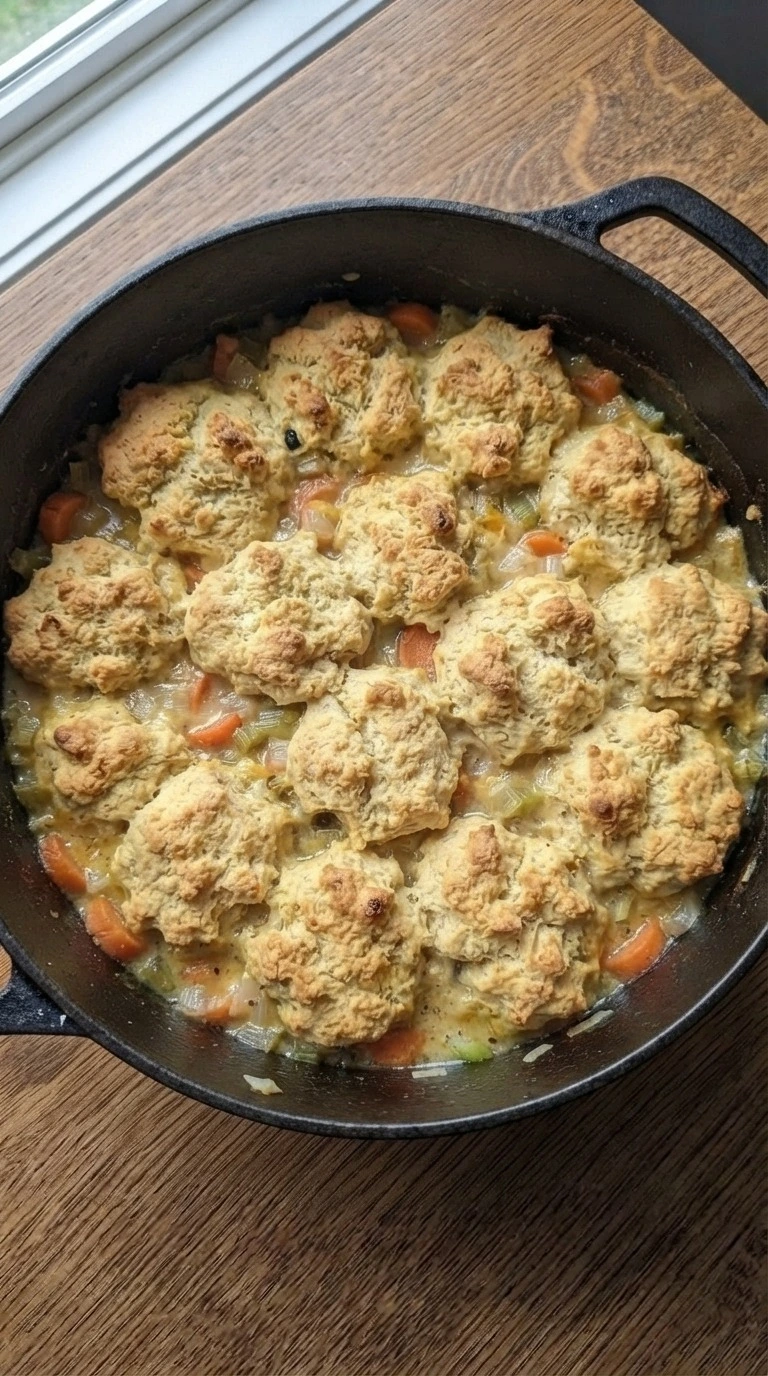 Chicken and Dumplings with Biscuits baked golden biscuit topping in pot Recipe focus: easy chicken and dumplings.