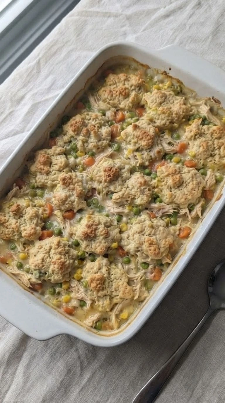 Chicken Pot Pie Casserole with golden biscuit topping and creamy filling Recipe focus: chicken pot pie recipe with biscuits.
