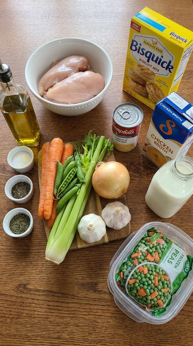 Chicken Pot Pie Casserole ingredients with chicken vegetables and biscuit mix Recipe focus: bisquick chicken pot pie.