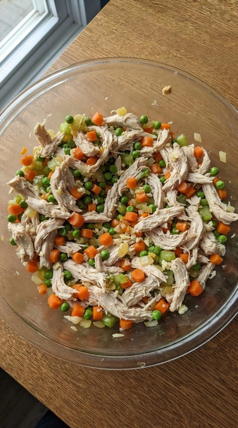 Chicken Pot Pie Casserole chicken and vegetables before baking Recipe focus: easy chicken pot pie casserole.