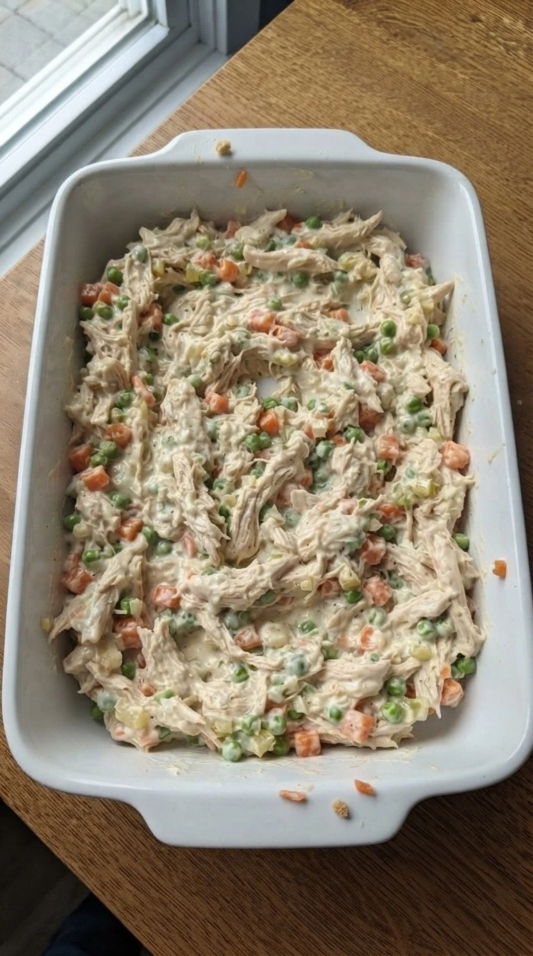 Chicken Pot Pie Casserole creamy filling spread in baking dish Recipe focus: chicken pot pie recipe with biscuits.