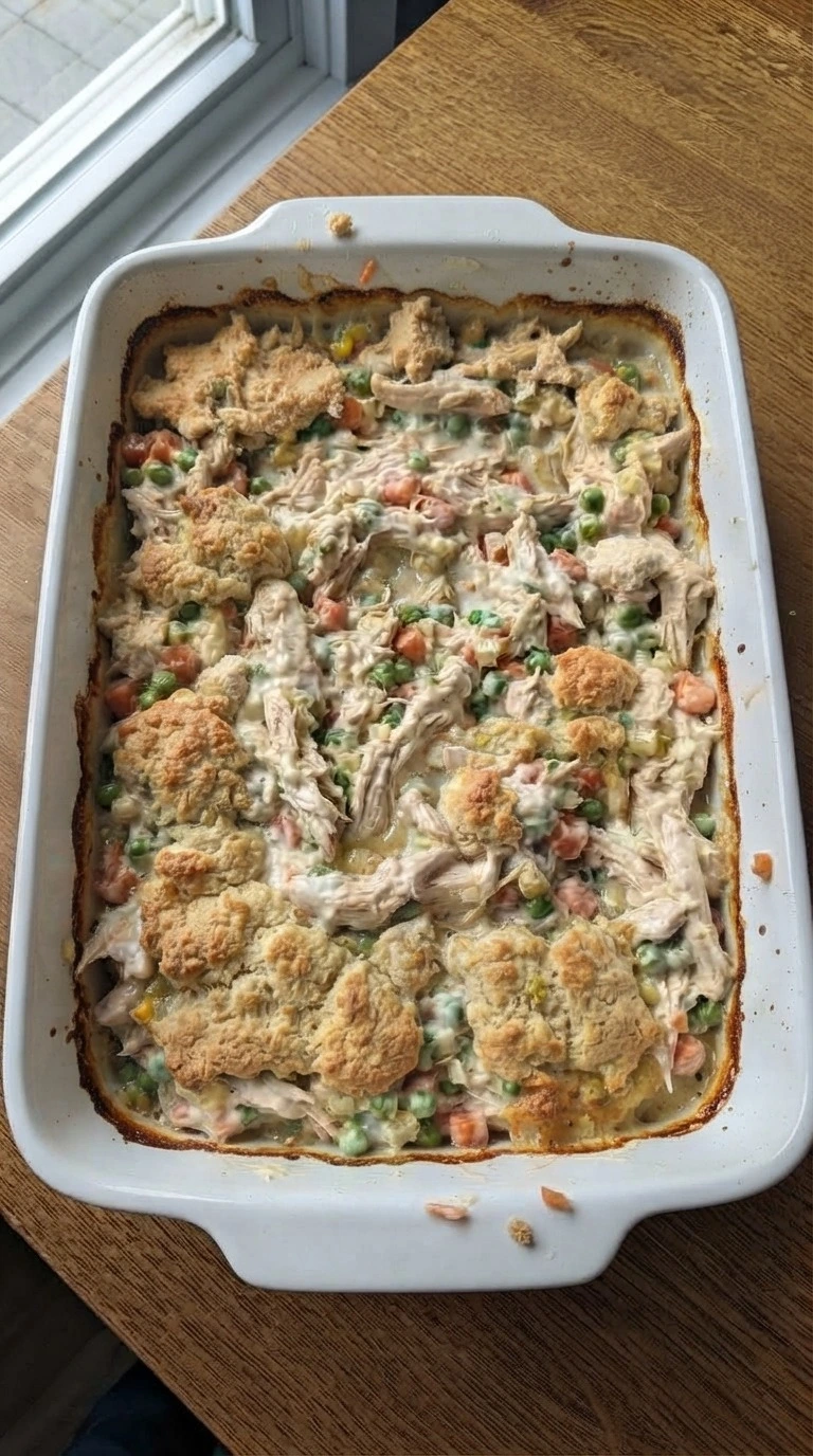 Chicken Pot Pie Casserole baking with golden biscuit topping Recipe focus: chicken pot pie recipe with biscuits.