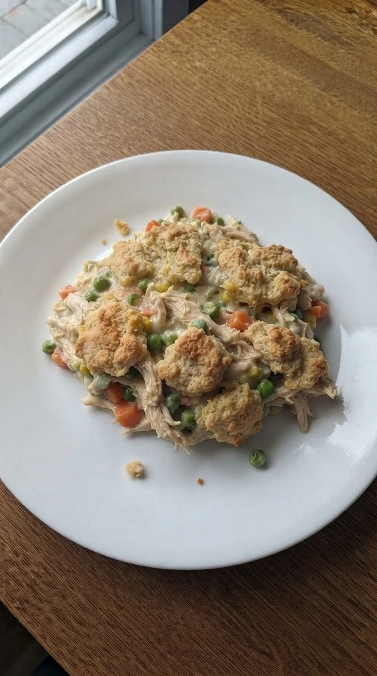 Chicken Pot Pie Casserole single serving on white plate Recipe focus: bisquick chicken pot pie.