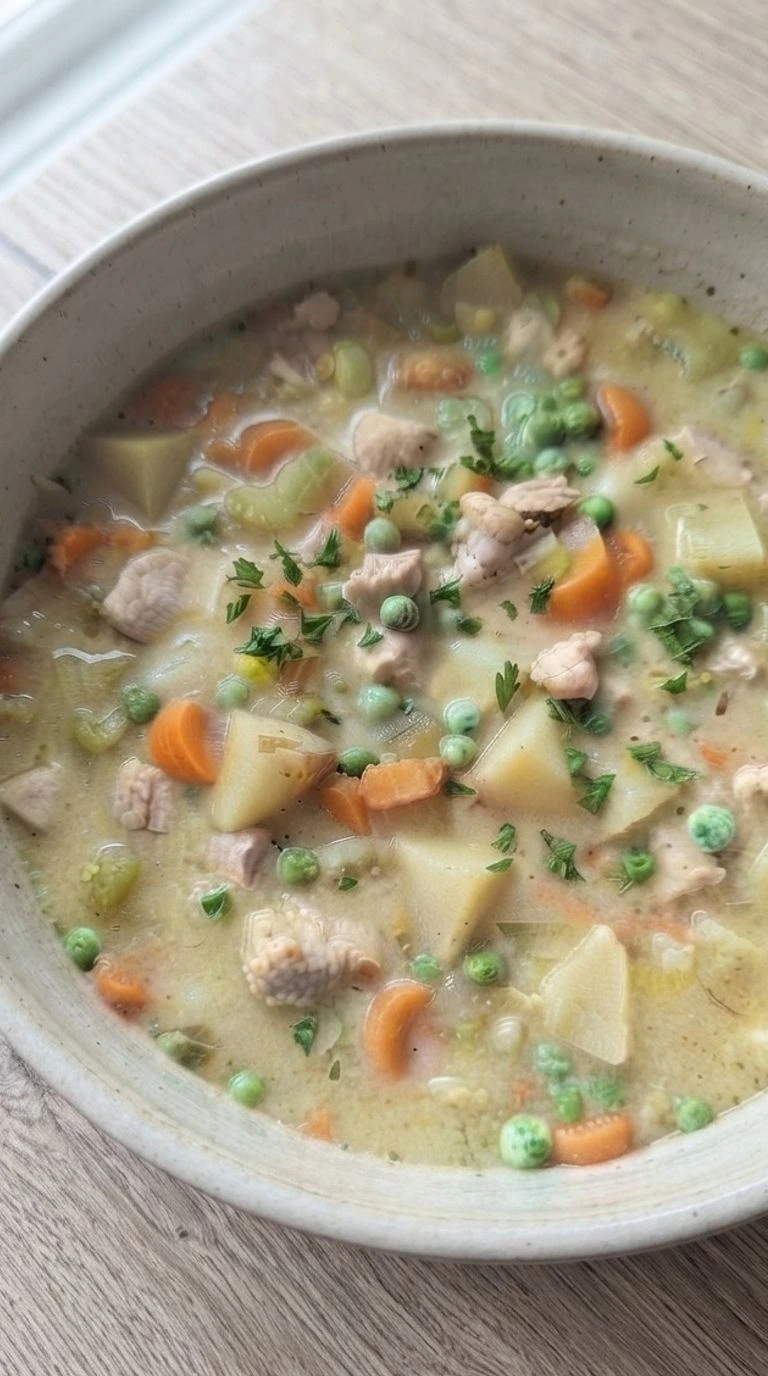 Chicken Pot Pie Soup creamy finished bowl with chicken and vegetables Recipe focus: easy chicken pot pie.
