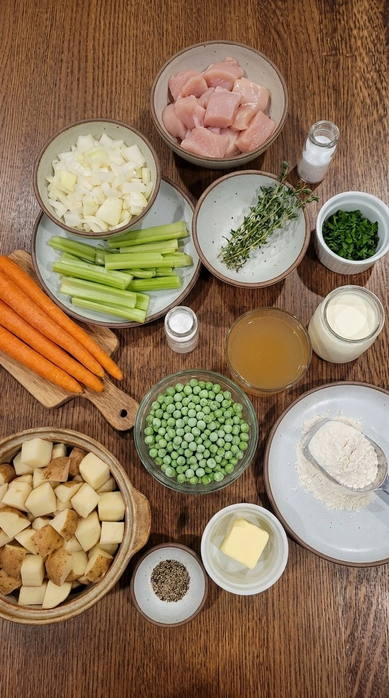 Chicken Pot Pie Soup ingredients with chicken vegetables and cream Recipe focus: easy chicken pot pie recipe.