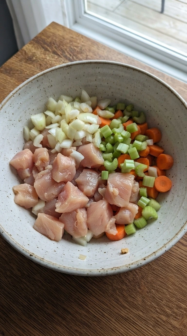 Chicken Pot Pie Soup step 1 with raw chicken and vegetables prepared Recipe focus: easy chicken pot pie with pie crust.