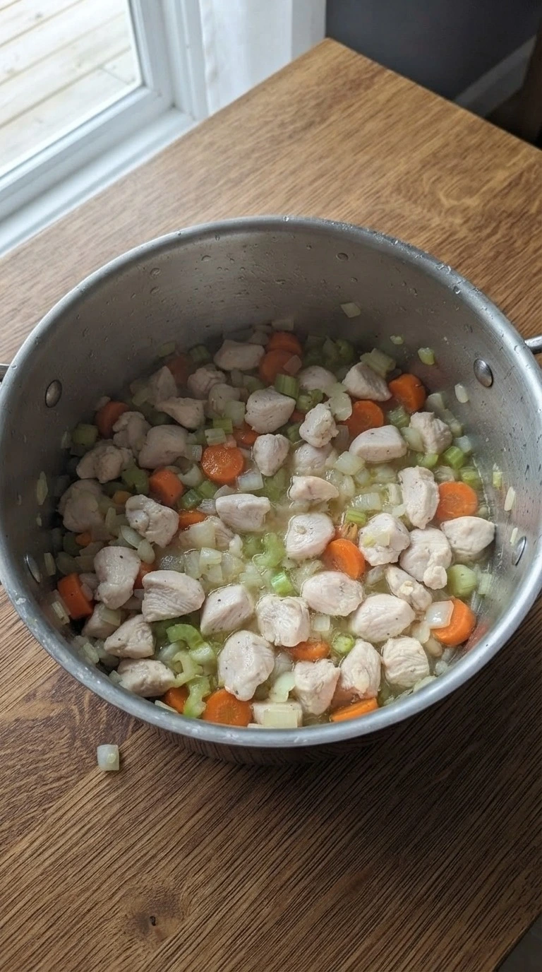 Chicken Pot Pie Soup step 2 chicken and vegetables softening Recipe focus: easy chicken pot pie.