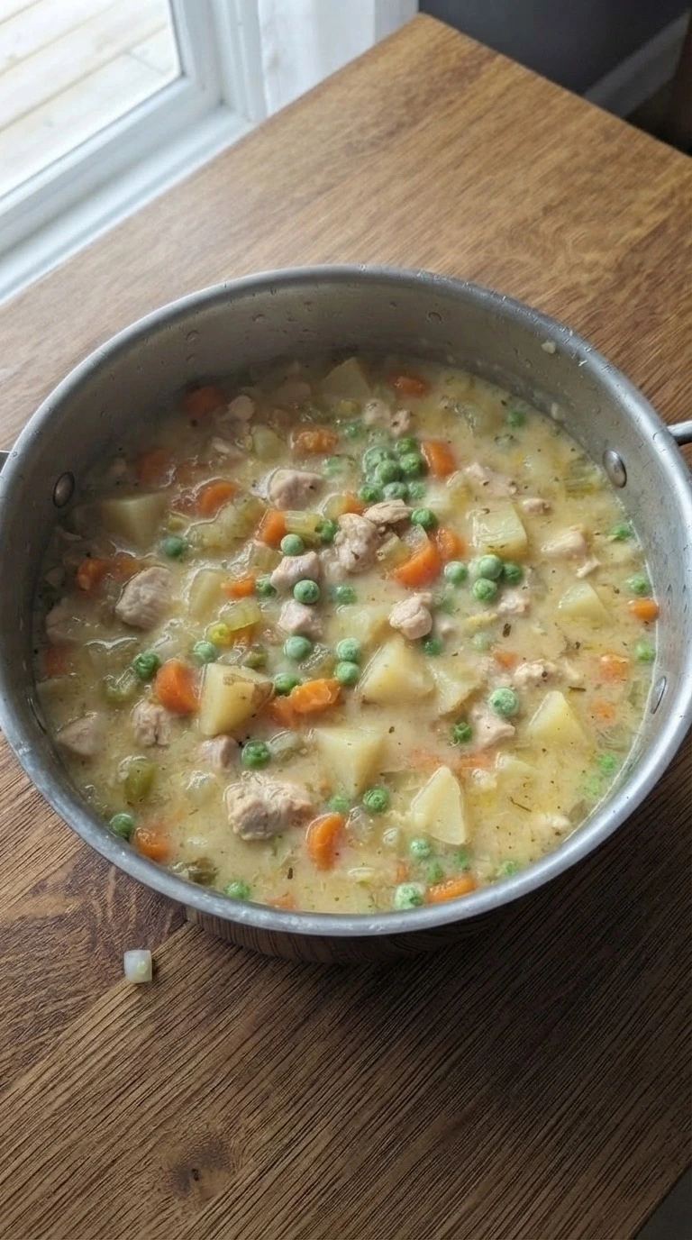 Chicken Pot Pie Soup creamy base with potatoes peas and chicken Recipe focus: easy chicken pot pie.