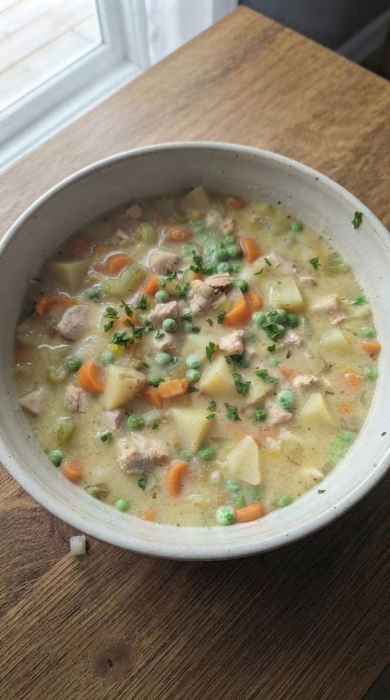 Chicken Pot Pie Soup served bowl with creamy chicken vegetable texture Recipe focus: easy chicken pot pie recipe.