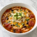 Chicken Taco Soup with shredded chicken beans and taco toppings in a bowl Recipe focus: taco soup recipe.