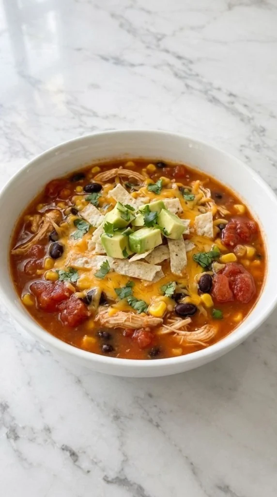 Chicken Taco Soup with shredded chicken beans and taco toppings in a bowl Recipe focus: taco soup recipe.
