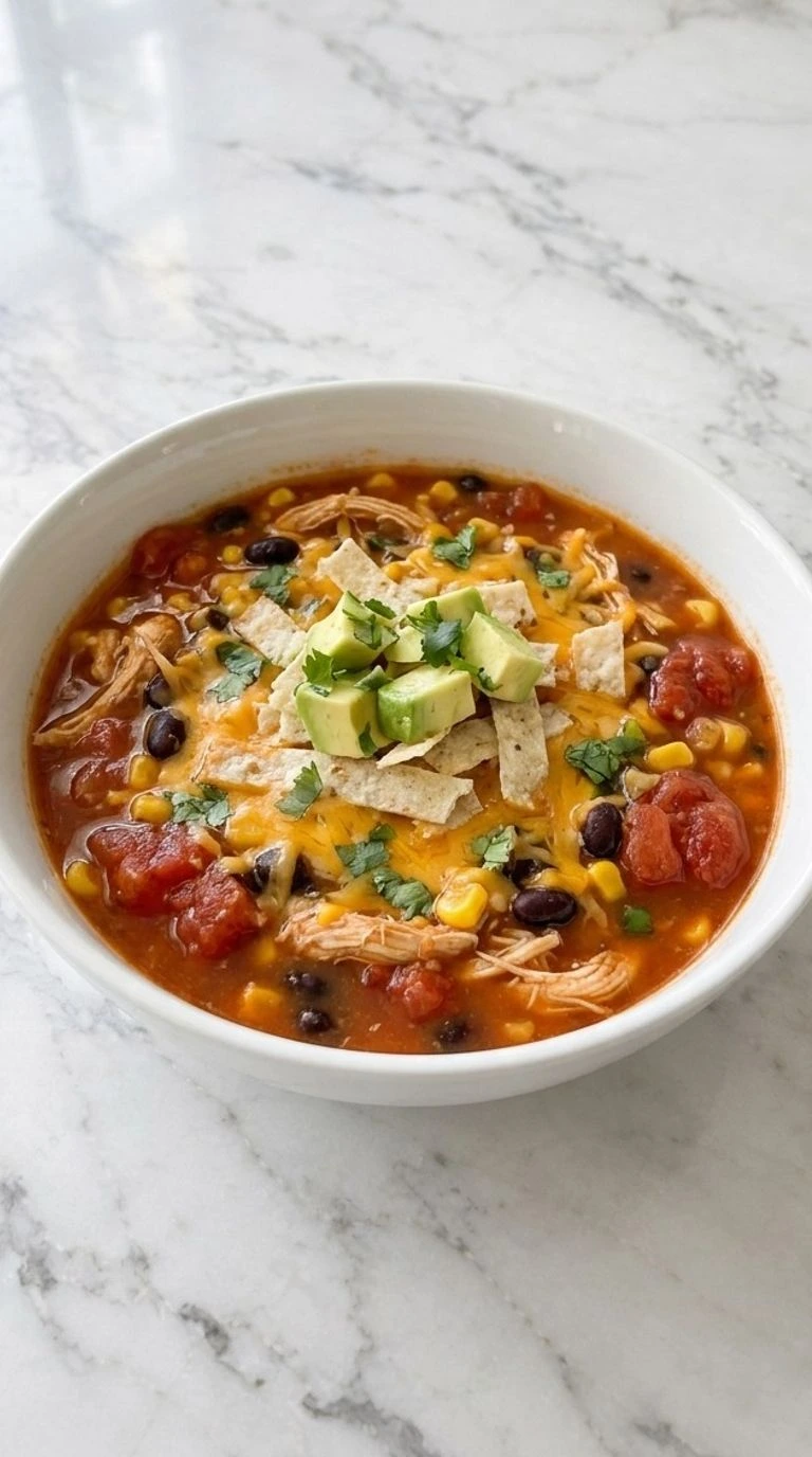 Chicken Taco Soup with shredded chicken beans and taco toppings in a bowl Recipe focus: taco soup recipe.