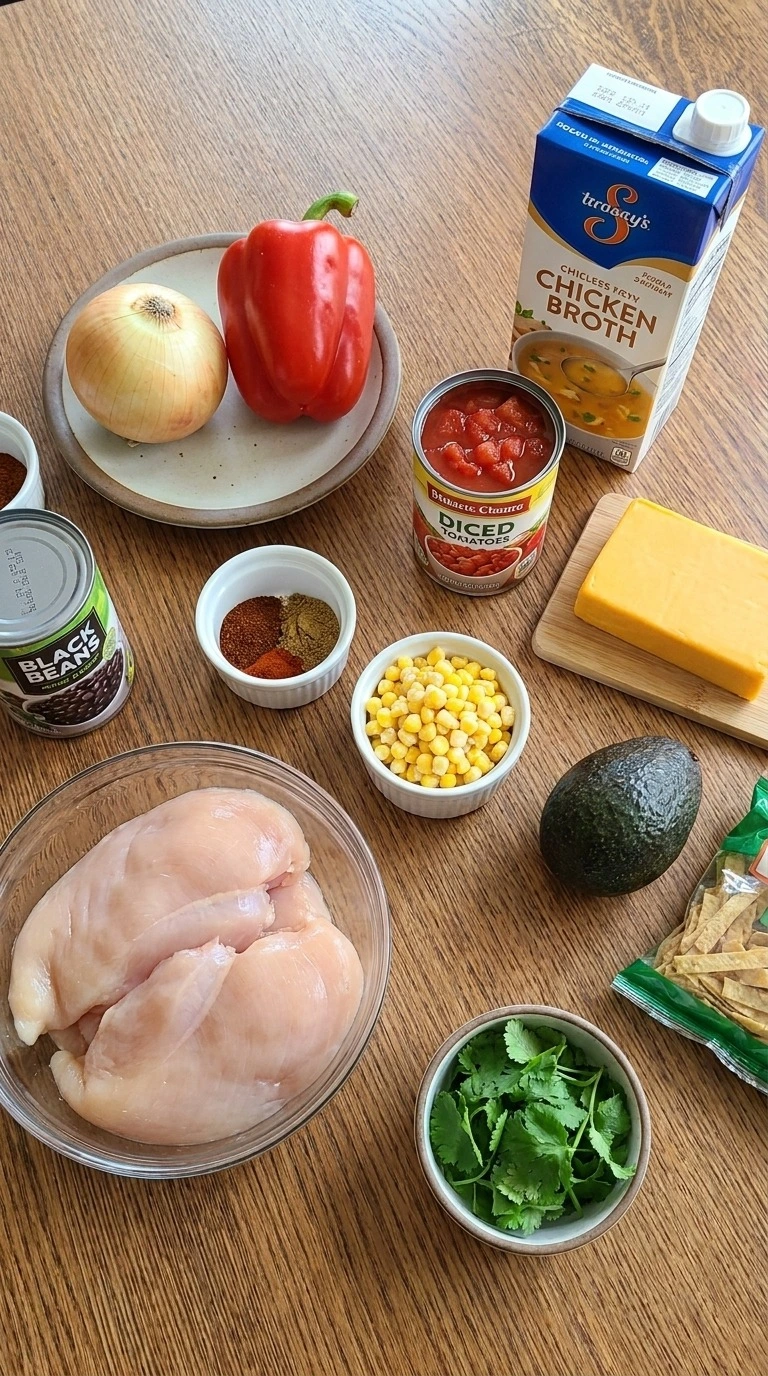 Chicken Taco Soup ingredients including chicken beans tomatoes and spices Recipe focus: taco soup crock pot.