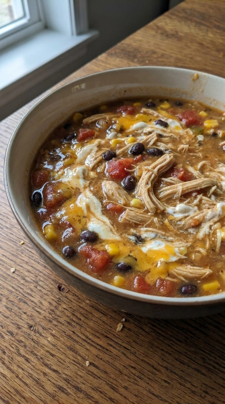 Chicken Taco Soup with shredded chicken and melted cheese texture Recipe focus: taco soup recipe.