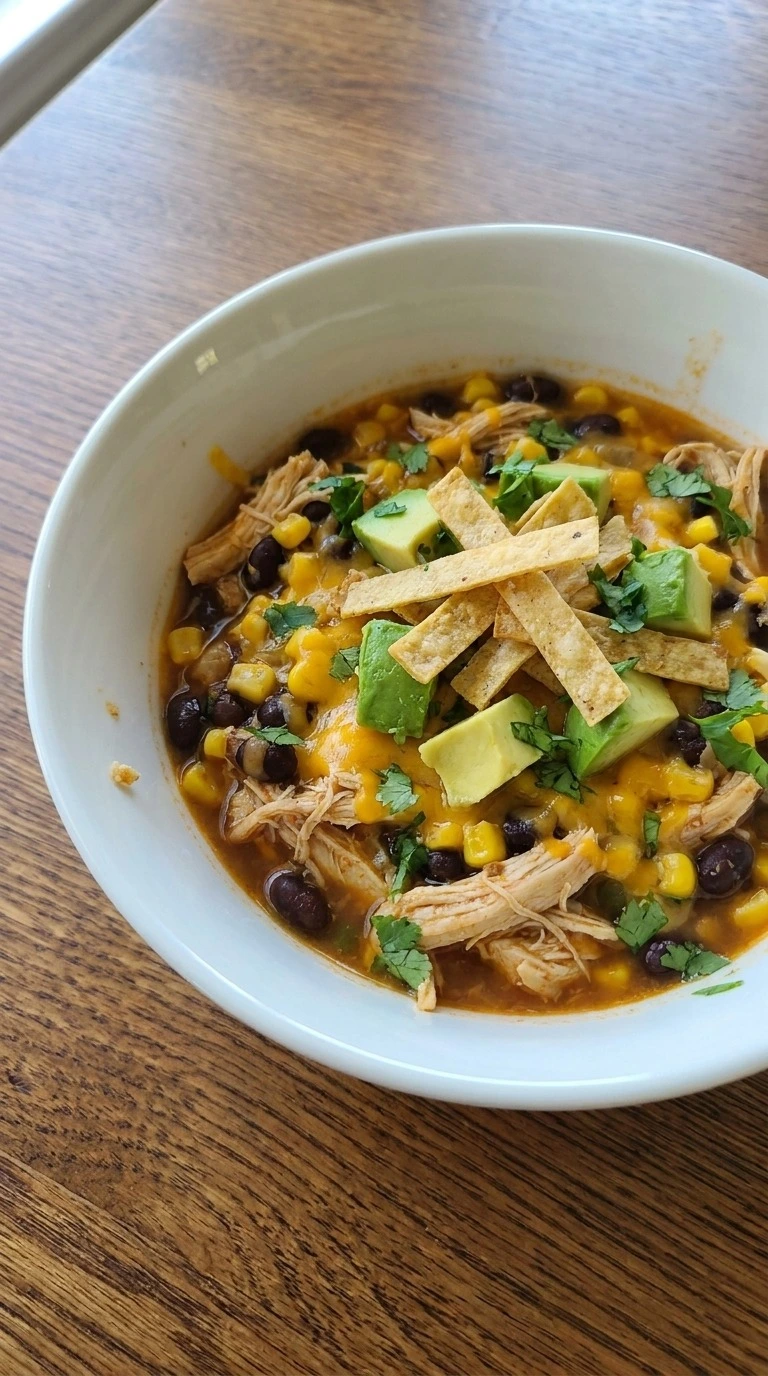 Chicken Taco Soup served bowl with chicken avocado and tortilla strips Recipe focus: taco soup crock pot.