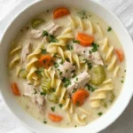 Creamy Chicken Noodle Soup with tender chicken noodles and creamy broth in a bowl Recipe focus: chicken noodle soup homemade.