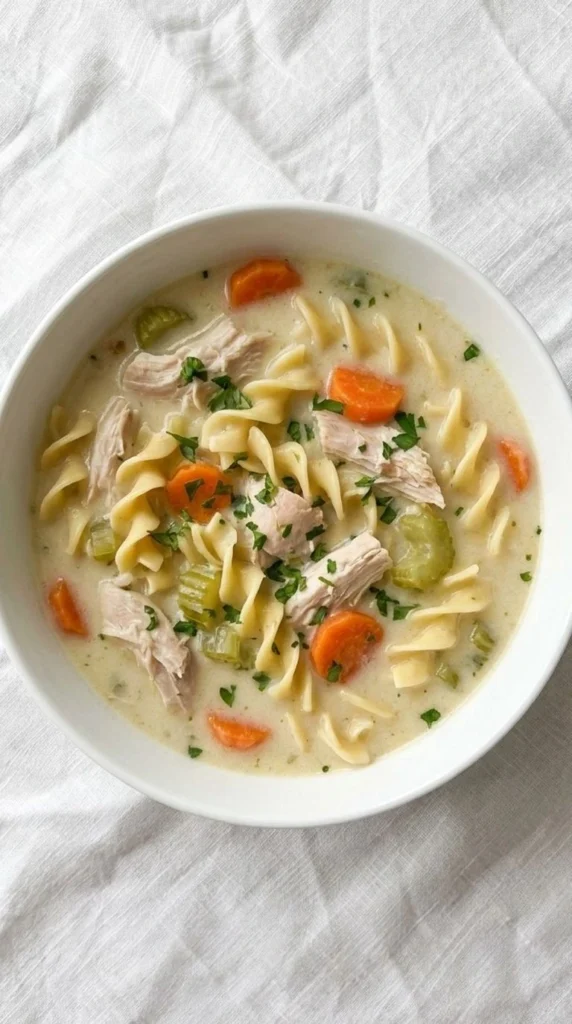 Creamy Chicken Noodle Soup with tender chicken noodles and creamy broth in a bowl Recipe focus: chicken noodle soup homemade.