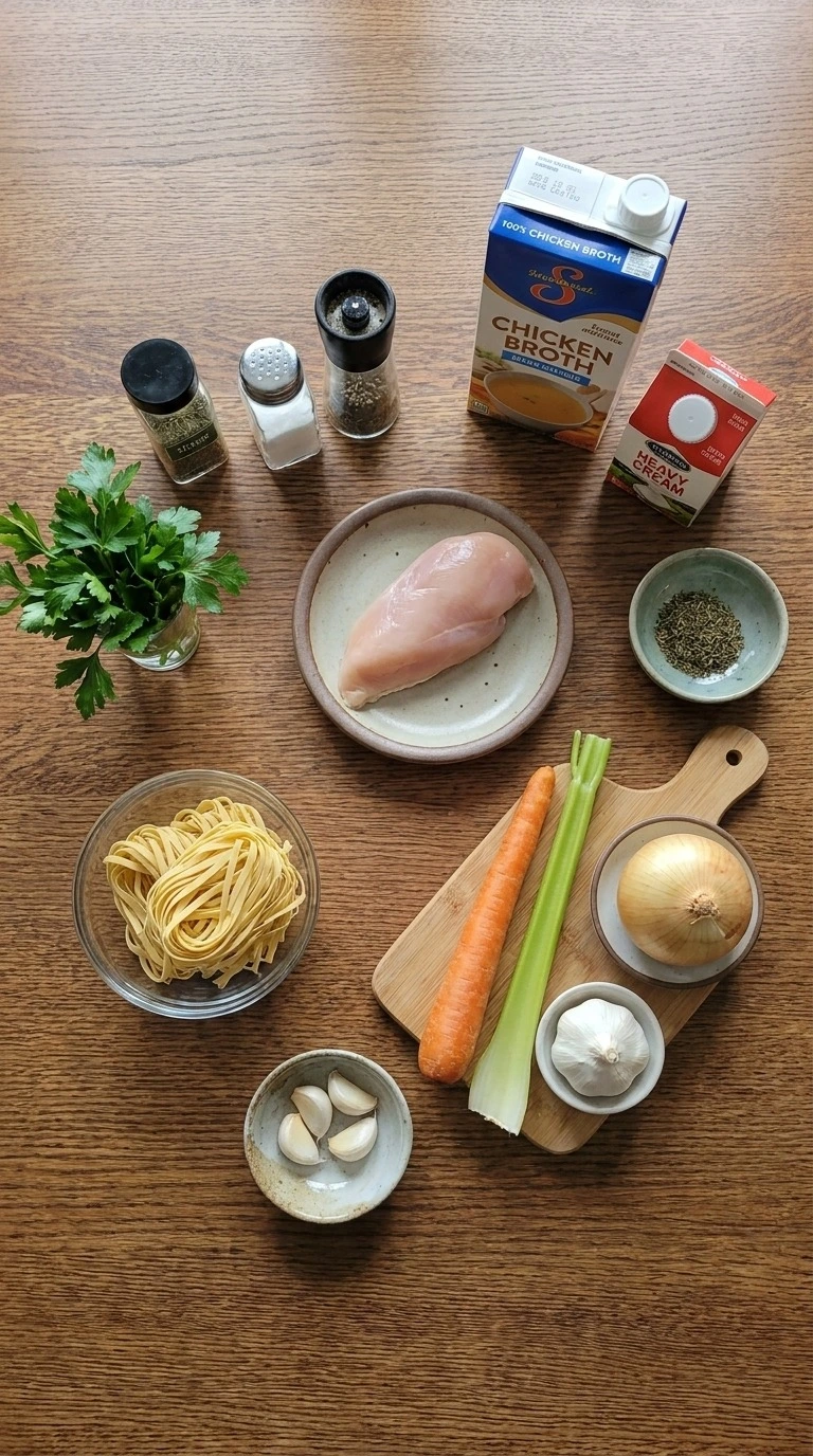 Creamy Chicken Noodle Soup ingredients with chicken vegetables noodles and herbs Recipe focus: chicken noodle soup recipe.